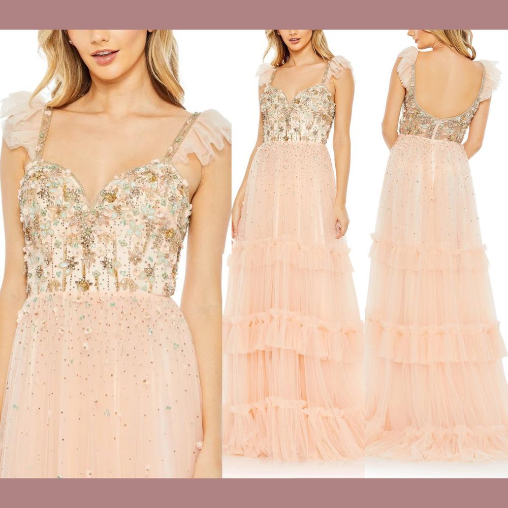 NWT $598 Mac Duggal [ 10 ] Floral Ruffle Beaded Bodice Gown Apricot Fairy #50648